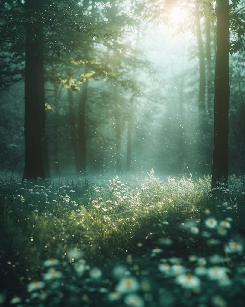 Солнечный свет в лесу, пронизывающий туман над цветущей поляной – символ ясности и пробуждения